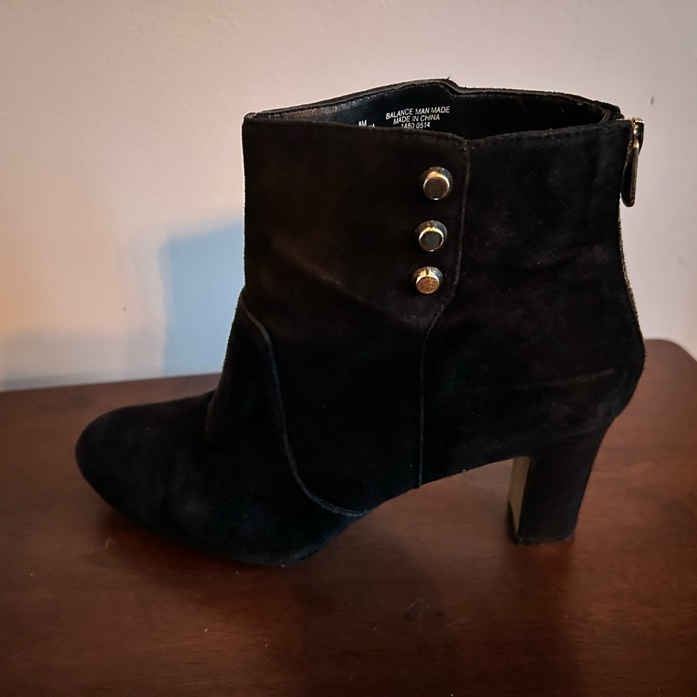Anne Klein Suede Black Ankle Booties with Gold Studs